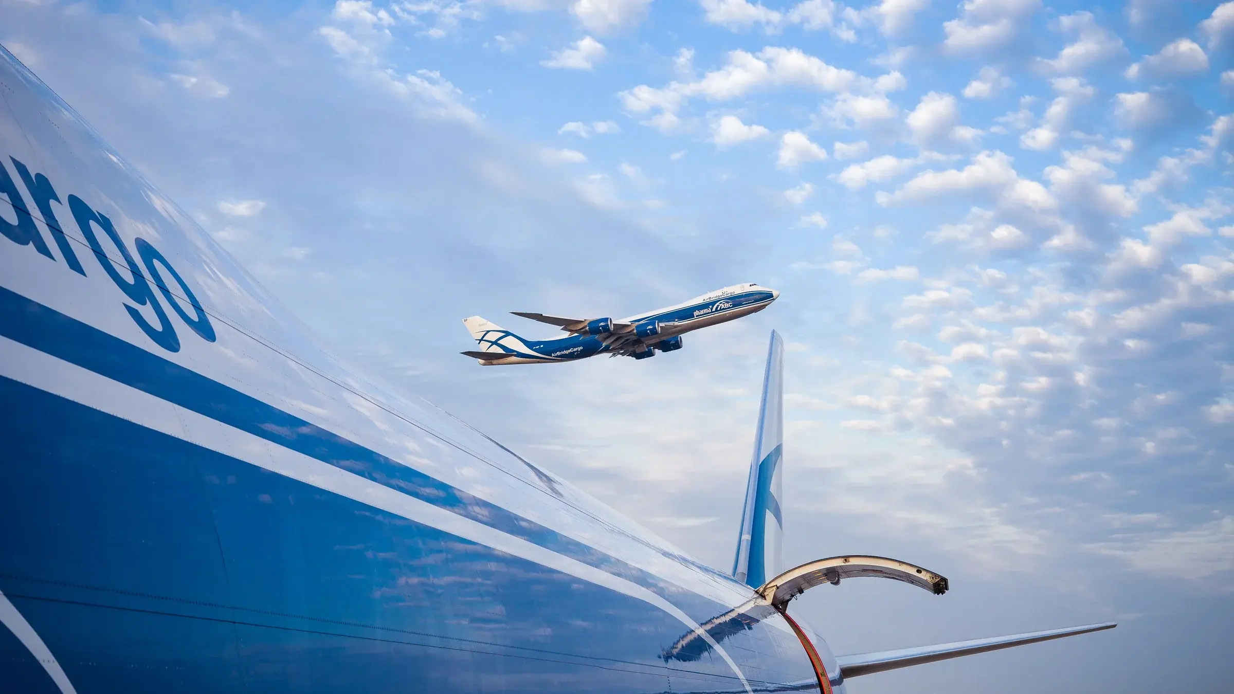 AirBridgeCargo freighter aircraft climbing after take-off
