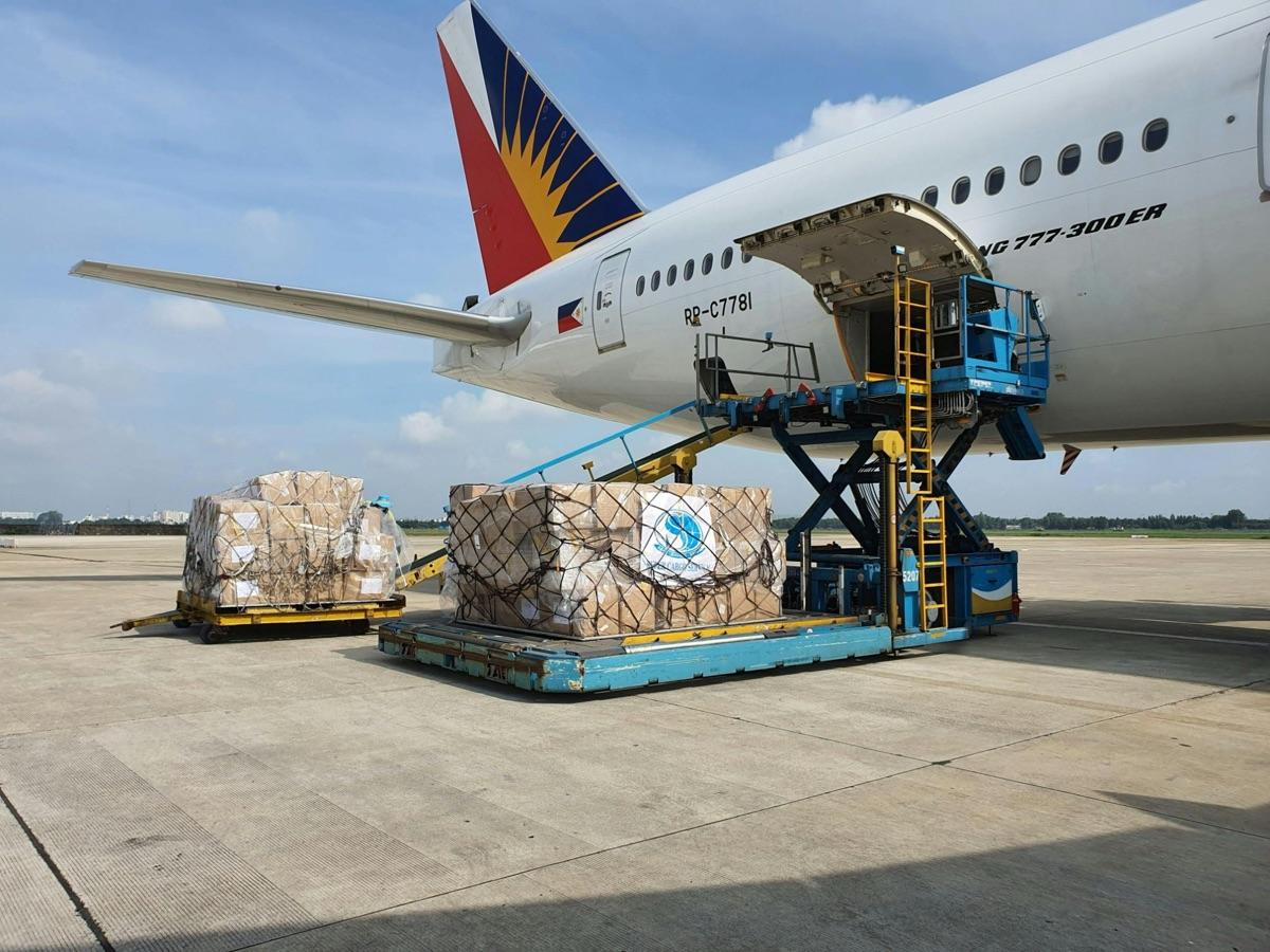 Air freight pallets being loaded onto a wide-body aircraft for international shipping