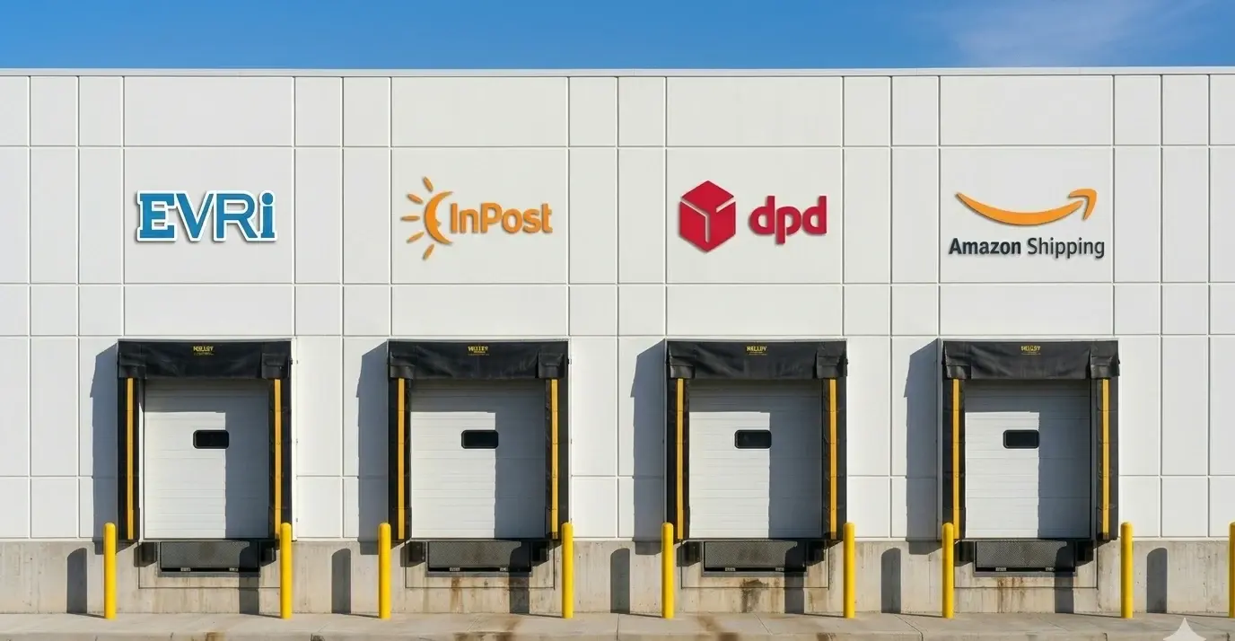 Warehouse loading bays branded with UK carrier logos — Evri, InPost, DPD, Amazon Shipping