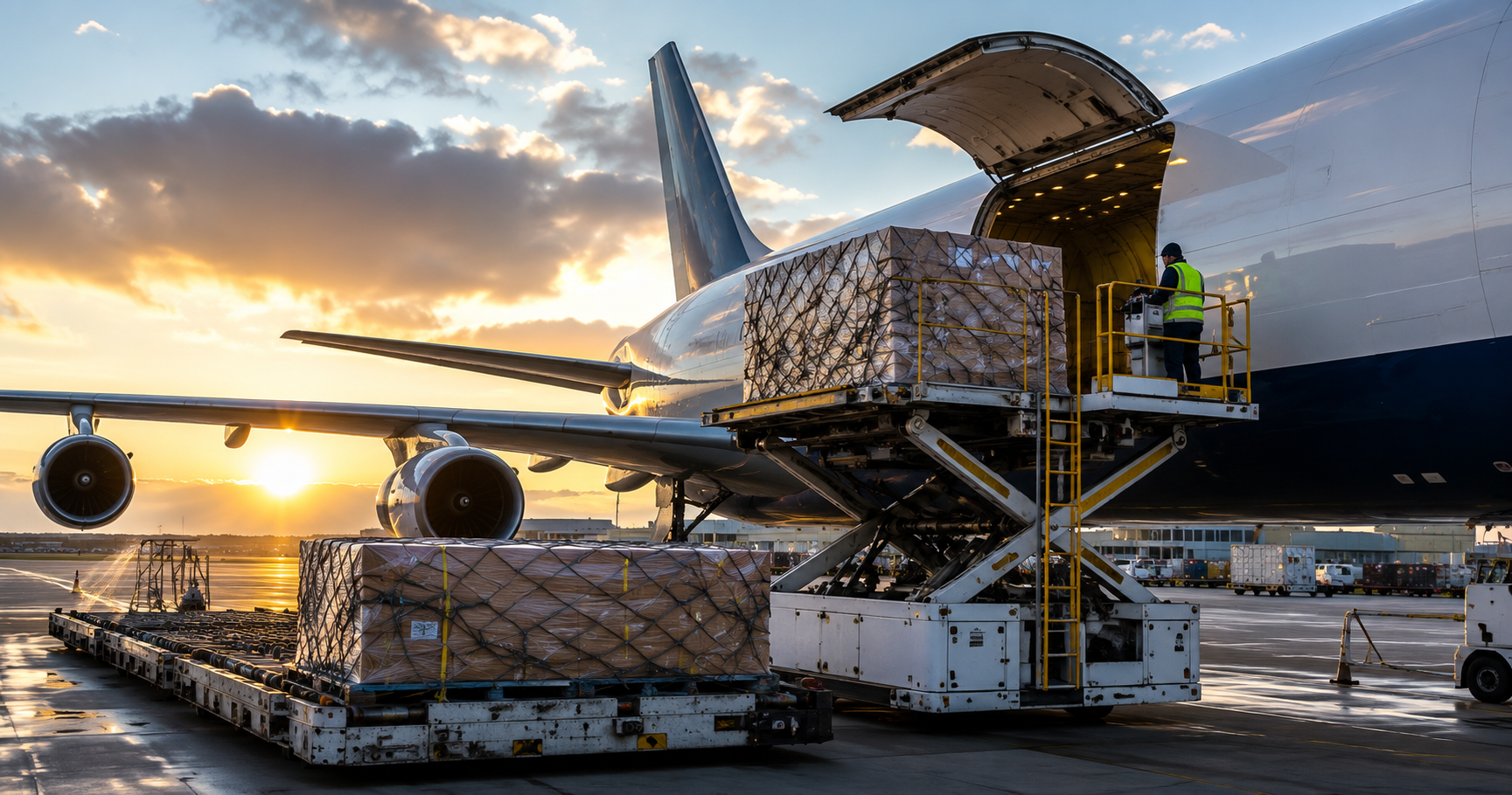 Cargo aircraft on the apron being prepared for an international export flight